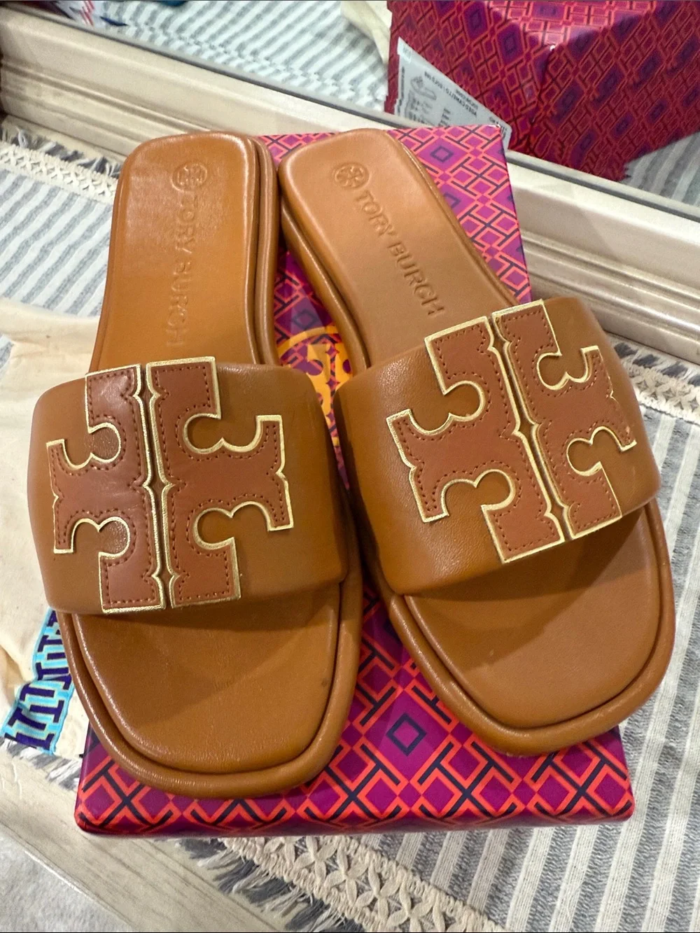 Tory Burch Cognac Leather Logo Slide Sandals